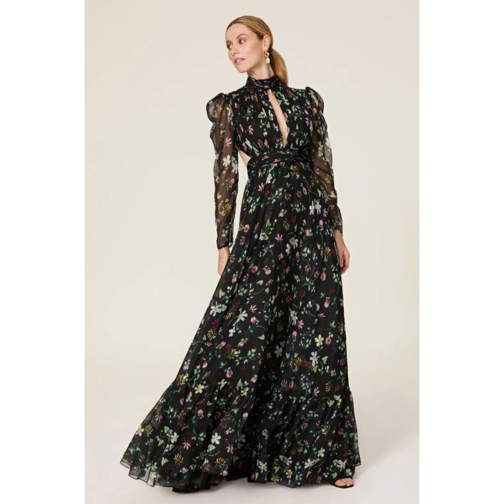 Ieena for Mac Duggal Tie Back Floral Gown in Black Chiffon Size 8 FLAW AS-IS